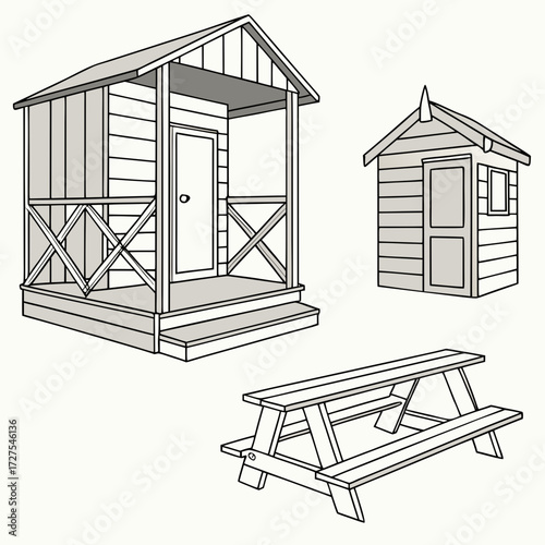 Simple line drawing of a wooden beach hut small shed and picnic table on white background