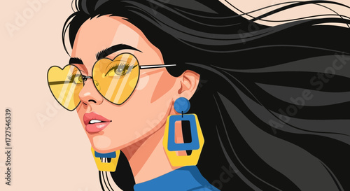 A stylish woman with long black hair wears large yellow heartshaped sunglasses and bold blue and yellow geometric earrings, looking confidently forward