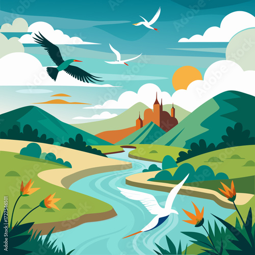 Soaring birds grace a majestic fantasy landscape with a winding river flowing past rolling hills towards a distant castle under a vibrant sunset sky.