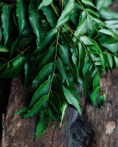 Curry leaf sprigs on weathered wood surface close up overhead shot culinary herb ingredient flavor enhancer