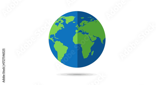 A stylized flat illustration of the planet earth, showcasing continents in green against a blue background, isolated on a white background with a subtle shadow