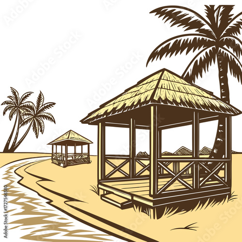 Tropical beach scene with palm trees and thatched roof gazebos on a sandy shore