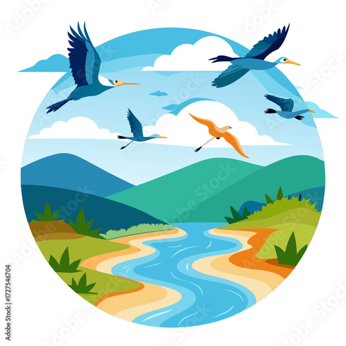Vibrant flock of birds soaring gracefully over a winding river and lush green hills under a bright blue sky with fluffy clouds, evoking freedom and natural beauty for commercial use.