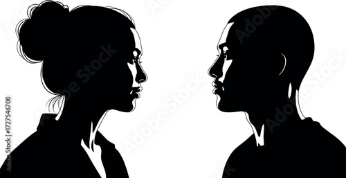 Black and white silhouette of two people facing each other in profile, minimalist vector illustration for identity, contrast, and emotion.