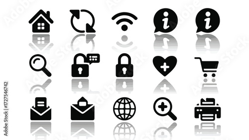 Black and white minimalist icons with reflections house