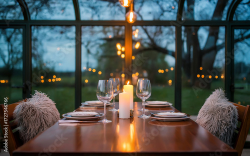 Romantic Greenhouse Dinner Table with Candlelight, Plush Cushions, and Hanging Bulbs at Dusk,  High-Resolution Indoor Garden Dining Scene Featuring Glass Walls, Nature Views, and Cozy Ambiance