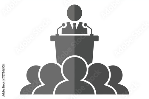 Vector art of a speaker delivers a speech to an audience from behind a podium, the speaker is addressing a crowd of people in a formal setting