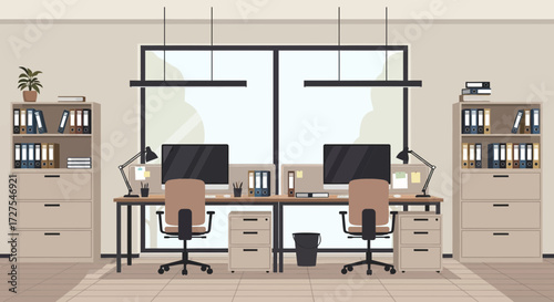A modern and organized office workspace featuring two desks with computers, chairs, filing cabinets, and lamps, illuminated by natural light from a large window