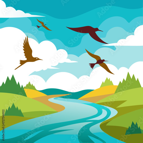 Graceful birds soar over a winding river and lush rolling hills under a vibrant sky, capturing the essence of natural freedom and serene exploration.