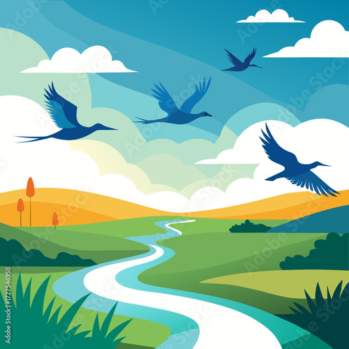 Vibrant flock of blue birds soaring gracefully over a winding river and rolling green hills under a dynamic sky with fluffy clouds