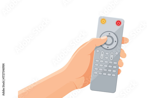 Illustration of a hand holding a remote control, showcasing a device with buttons and a directional pad, suggesting control, technology, and entertainment