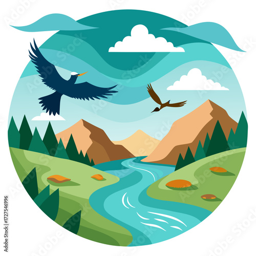 Majestic birds soar over a vibrant river valley with rolling hills, pine forests, and distant mountains under a dynamic sky, capturing the essence of wild natural beauty and freedom.