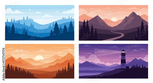 A serene pixel art landscape unfolds with rolling blue hills and silhouetted pine trees under a vast, cloudy sky, evoking a sense of peaceful wilderness