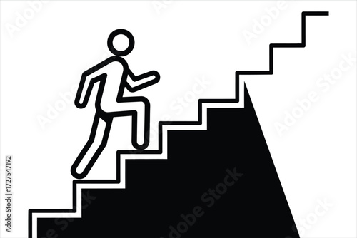 Vector art of a person climbing stairs, the image represents progress, ambition, career advancement, and overcoming challenges