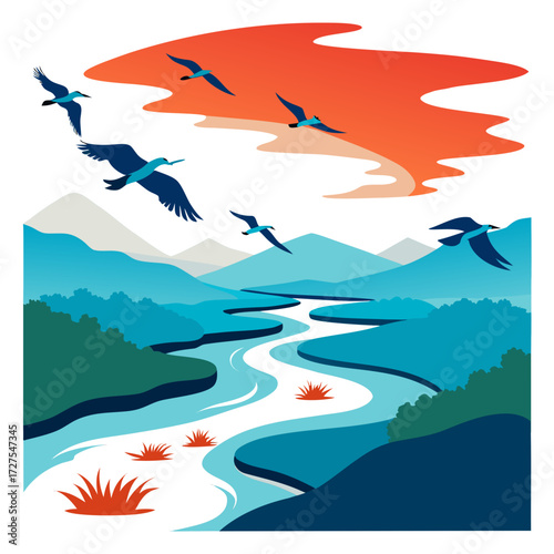 Graceful birds soar over a winding river and majestic mountains under a vibrant sunset, evoking freedom and natural beauty for inspiring projects.