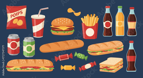 A vibrant collection of fast food items including burgers, sandwiches, fries, chips, soda, and candy, presented against a dark blue background