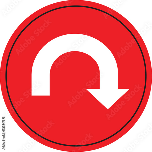 Red circular U-turn road sign with a white downward arrow. Symbol indicates reversal of direction or turnaround. Common in traffic control and navigation icons.
