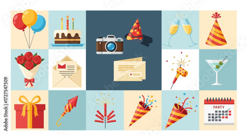 A vibrant collection of party and celebration icons, including balloons, birthday cake, gift box, champagne, party hats, and fireworks, perfect for event invitations and festive designs