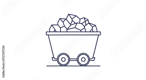 A simple line art illustration of a mining cart filled with coal, isolated on a white background
