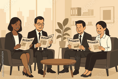 Diverse group of business professionals reading newspapers while waiting in a modern office lobby
