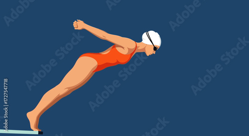 A determined swimmer in an orange swimsuit and white cap with goggles is poised on the edge of a diving board, ready to dive into the water