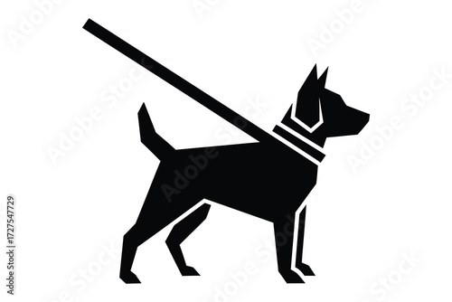 Vector art of a black silhouette of a dog on a leash standing on all fours, the dog has a collar and a short tail, and the leash is attached to the collar
