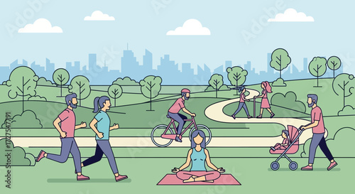 Diverse group of people enjoying various outdoor activities in a city park, including running, cycling, yoga, and pushing a stroller