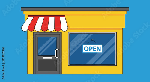 A charming yellow storefront with a red and white striped awning over a dark gray door and a large display window showing an open sign