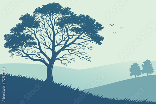 Monochrome Forest Landscape: Large Deciduous Tree Silhouette Vector