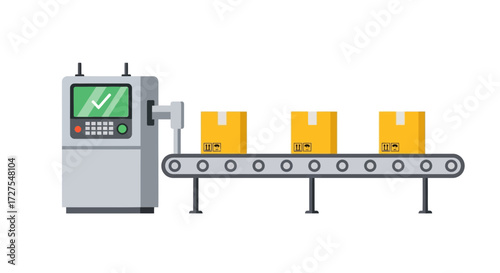 Automated conveyor belt system with boxes moving towards a control machine with a green checkmark on its screen