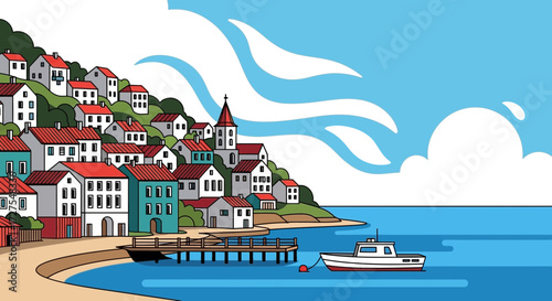 A charming coastal village with colorful houses nestled on a green hillside, overlooking a calm blue sea with a pier and a small boat