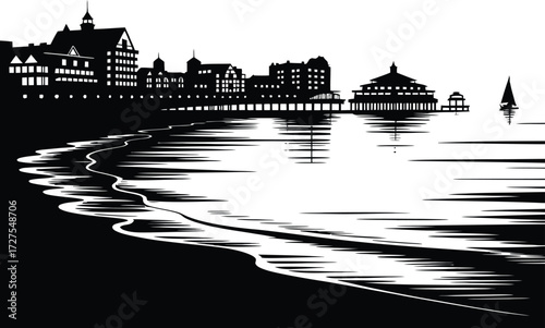 Silhouetted Coastal Cityscape with Calm Waters and Sailboat Black and White