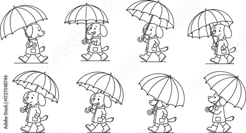 Cartoon dog walking with umbrella in rain, wearing coat and boots, animation frame sequence for storyboard or motion design