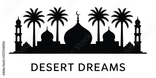 Silhouette Desert Dreams Logo with Palms and Domes in Black and White