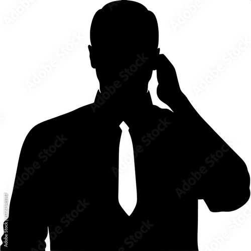 A centered silhouette of a man in a collared shirt and white tie, short hair, upright pose. Rendered in black on white with no shading, purely sharp lines. Graphic, uncluttered, and formal.