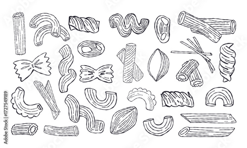 Collection of various hand drawn pasta types including penne, fusilli, farfalle, and macaroni, isolated on a white background in black line art style