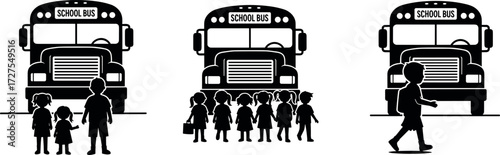 Children Boarding and Leaving School Bus in Morning and Afternoon Scenes – Education Transport Safety Concept Vector Illustration Set
