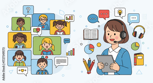 Illustration of students in a virtual classroom with teacher