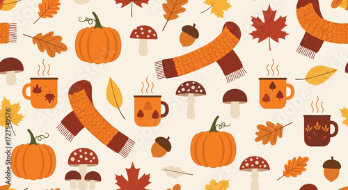 Autumn themed pattern with pumpkins leaves and cozy accessories