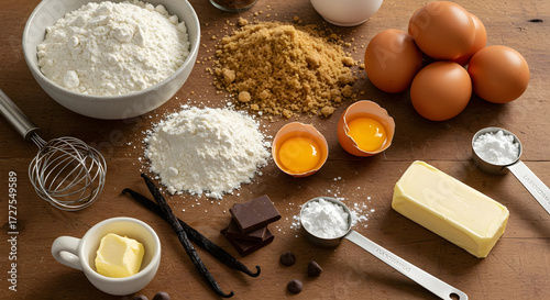 素朴な木製カウンターに並べられたこだわりの焼き菓子材料、手作りの温もり