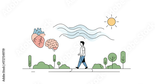 A person walking in nature with brain and heart illustration