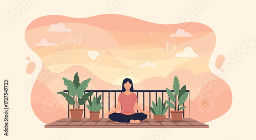 Woman meditating on a balcony surrounded by potted plants