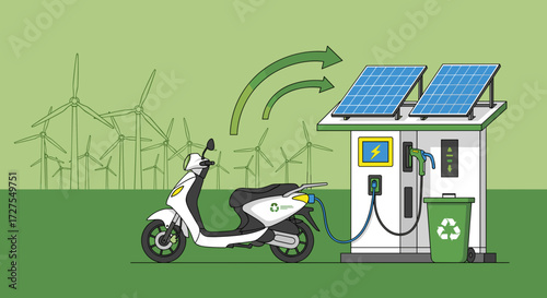 Electric scooter charging at a solar and wind powered station