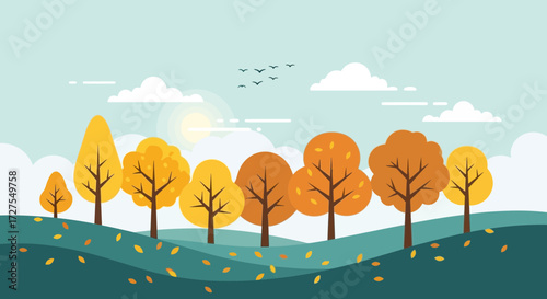 A beautiful autumn landscape unfolds with rolling hills adorned with colorful orange and yellow trees, scattered fallen leaves, and a serene blue sky with fluffy clouds and a bright sun