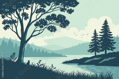 Monochrome Forest Landscape: Solitary Deciduous Tree Silhouette on Misty Hills Vector
