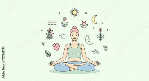 Woman in lotus position meditating surrounded by nature icons