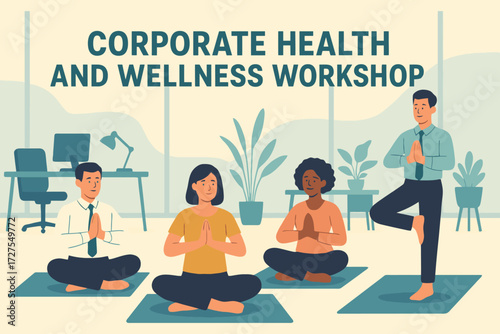 Diverse group of professionals practicing yoga and meditation during a corporate health and wellness workshop