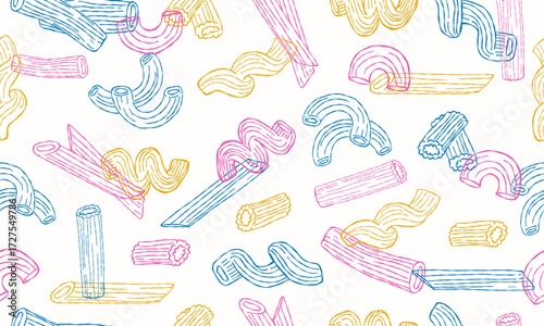 Seamless pattern featuring colorful hand drawn pasta varieties in pink, blue, and yellow on a white background