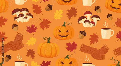 Seamless autumn pattern with pumpkins leaves and cozy elements