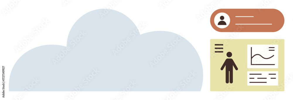 Fototapeta premium Cloud shape with user profile card, graphical chart, and human figure representing data storage. Ideal for technology, networking, analytics, organization, user management, information sharing